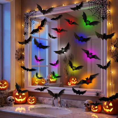 🎃🎁 WREE® 3D LED Bat Light Halloween Wall Decoration – Glowing Ghost Party Décor