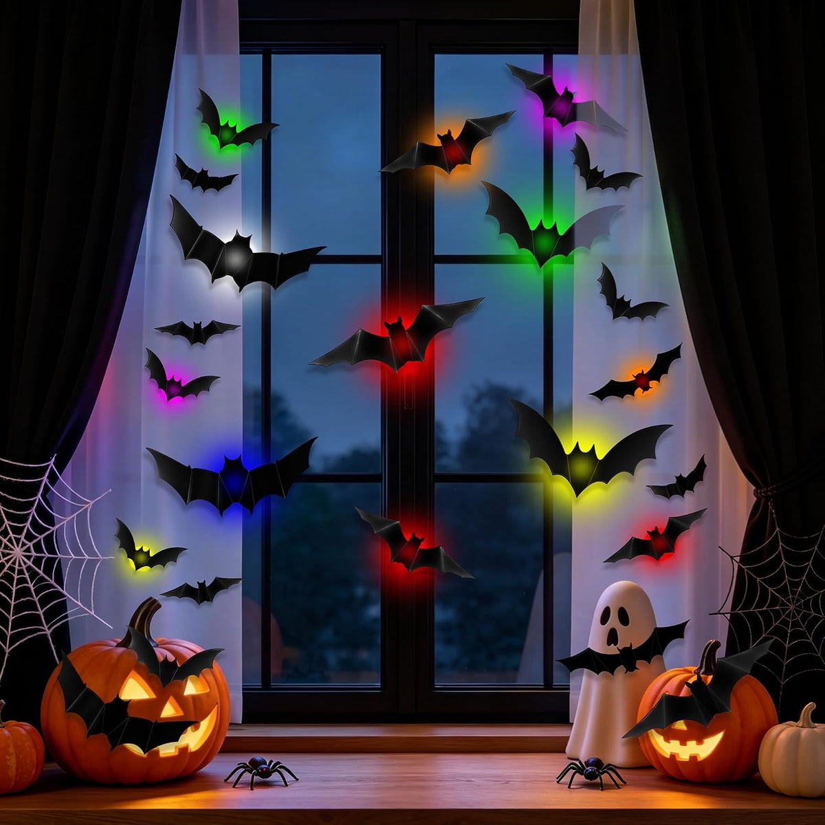 🎃🎁 WREE® 3D LED Bat Light Halloween Wall Decoration – Glowing Ghost Party Décor
