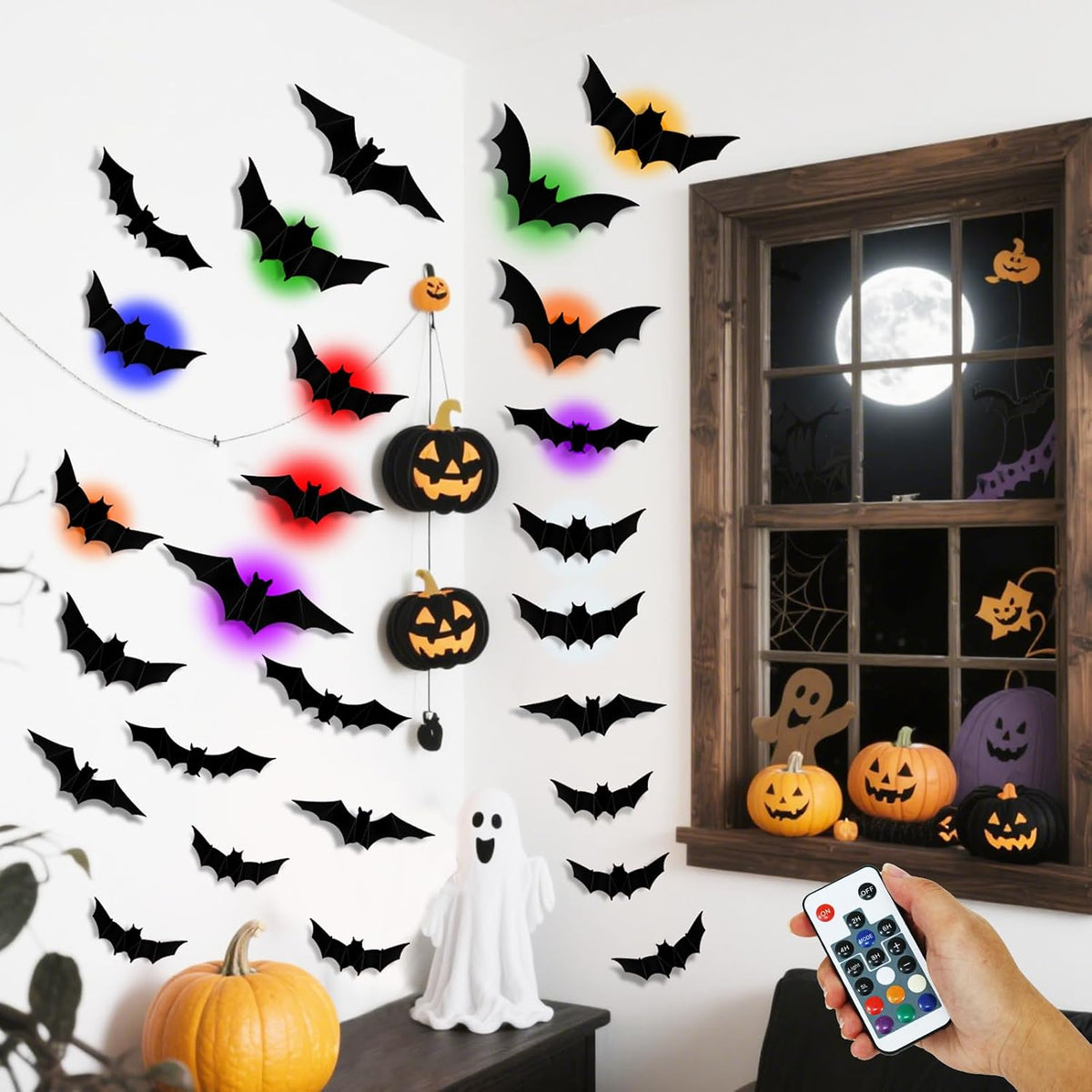 🎃🎁 WREE® 3D LED Bat Light Halloween Wall Decoration – Glowing Ghost Party Décor