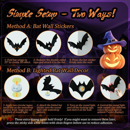 🎃🎁 WREE® 3D LED Bat Light Halloween Wall Decoration – Glowing Ghost Party Décor